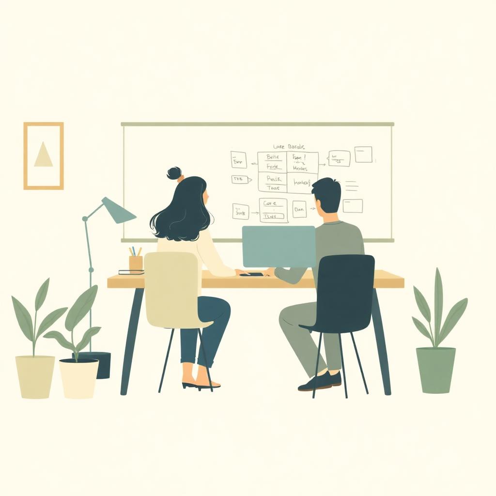 Editorial illustration of a small studio sketching a workflow on a whiteboard.
