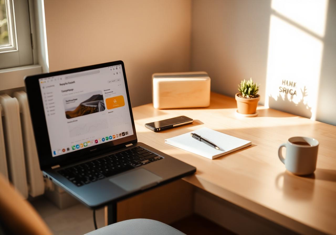 A tidy home-office desk with a laptop showing a clean dashboard, a notebook, a coffee mug, and a small plant in soft daylight.