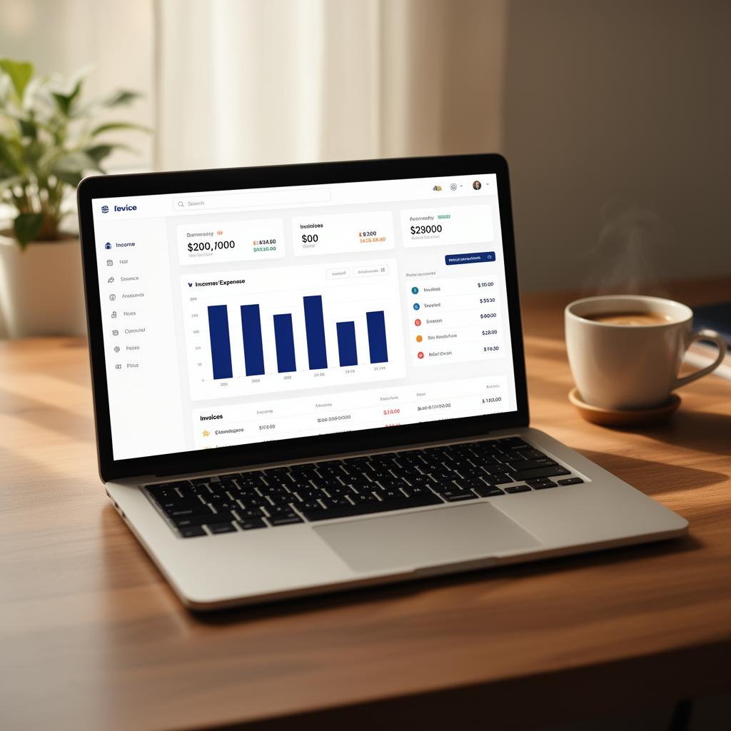 Mockup of a custom accounting and bookkeeping app showing income and expense summary, monthly chart, and invoice list.