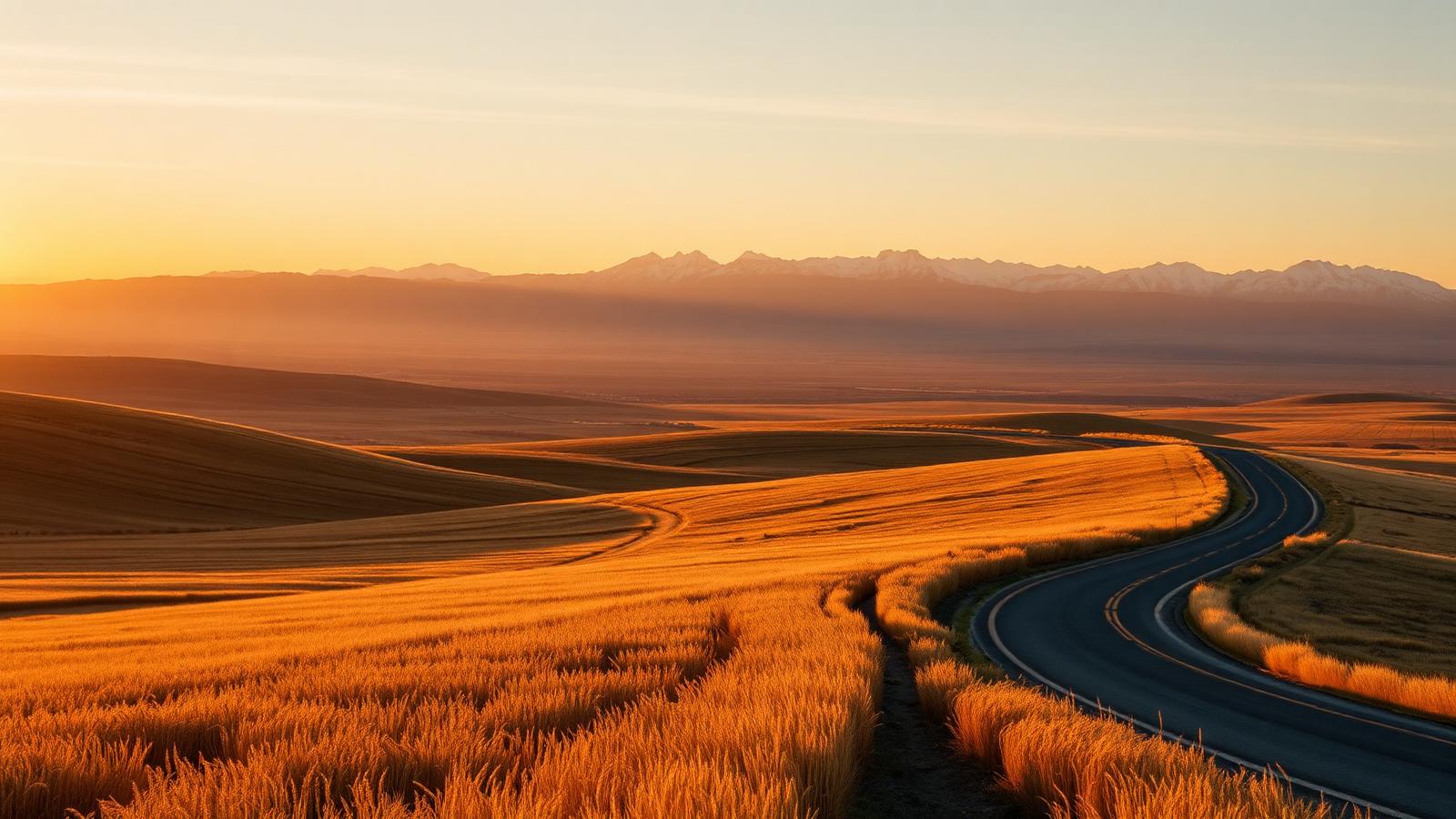 Alberta foothills at sunrise with rolling wheat fields and distant Rocky Mountains on the horizon.