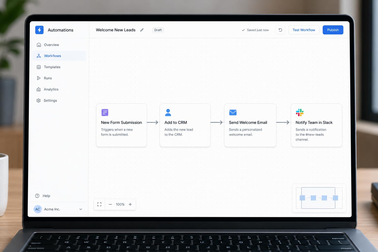 Mockup of a visual workflow automation builder with connected steps.