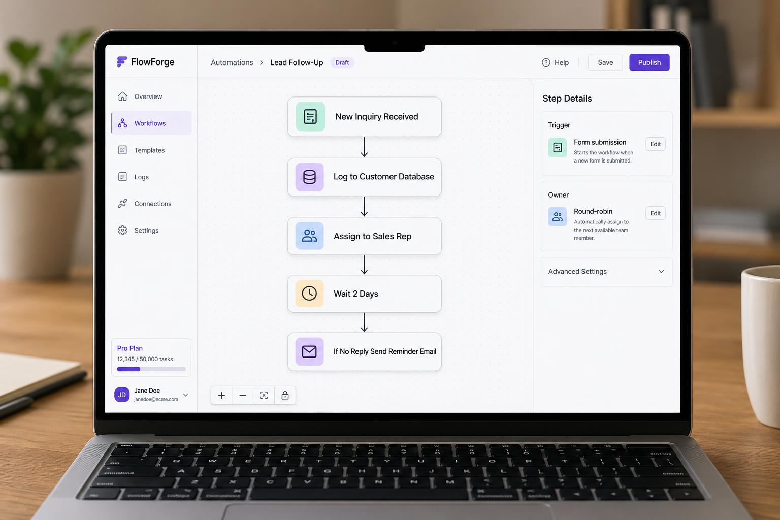 Mockup of a visual workflow automation builder with connected steps and a step-details panel.