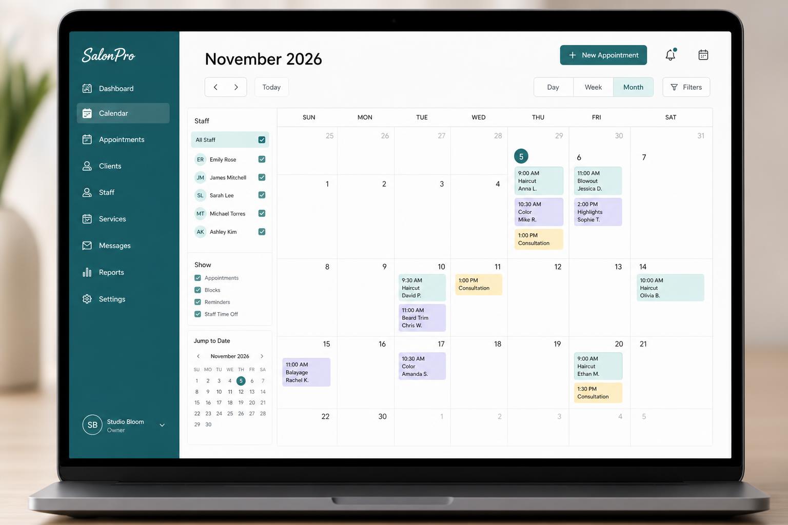 Mockup of a booking and scheduling interface with calendar and services.