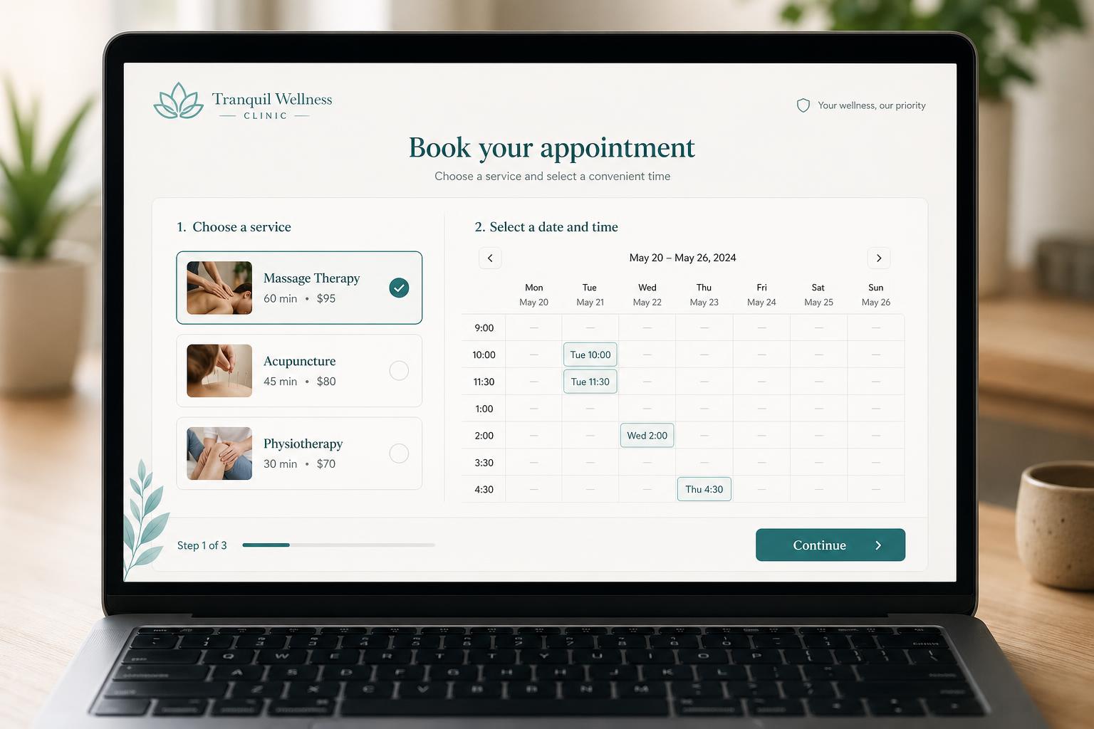 Mockup of a booking flow showing service selection and a weekly time-slot grid.