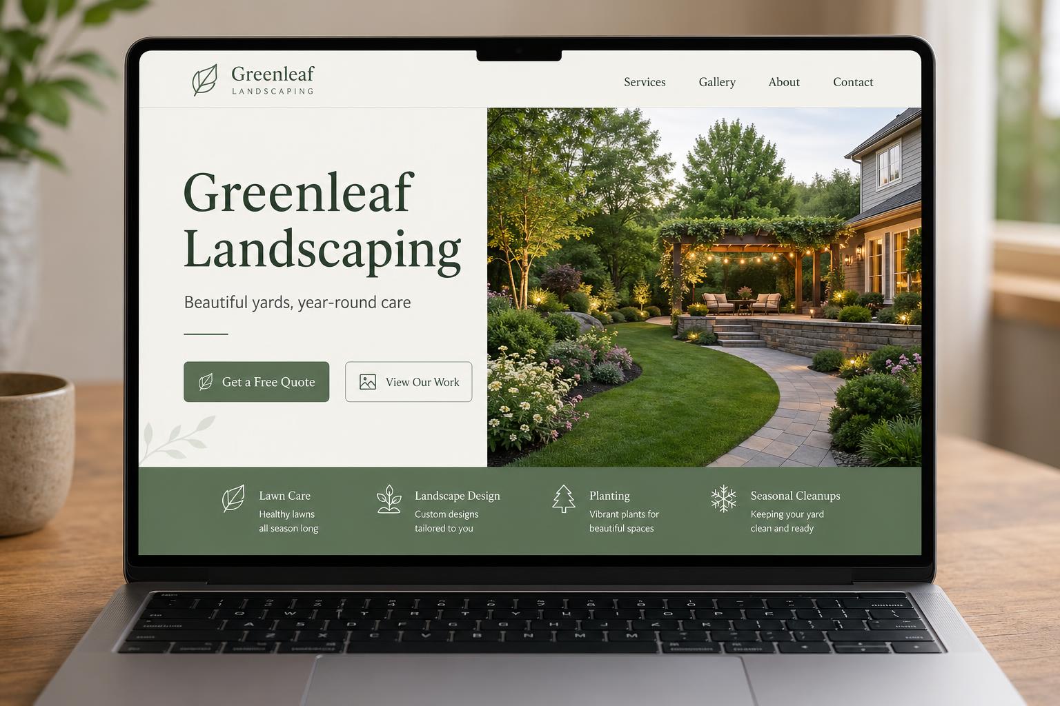 Mockup of a modern small-business website on a laptop with hero, navigation, and call-to-action buttons.