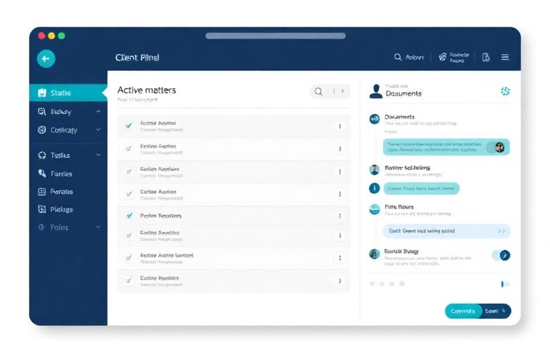 Mockup of a client portal with active matters, documents, and secure messaging.