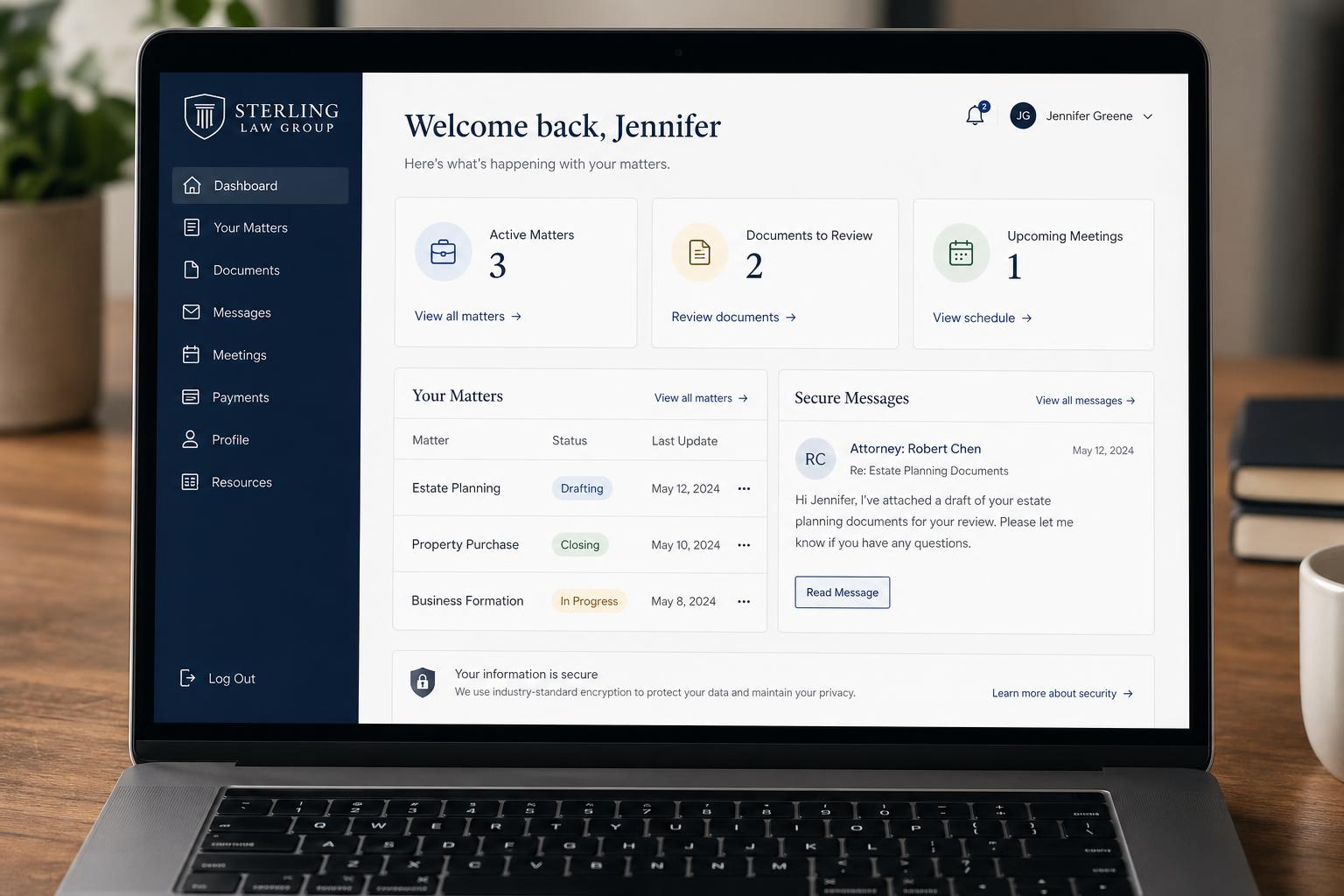 Mockup of a client portal interface showing active matters, documents, and secure messaging.