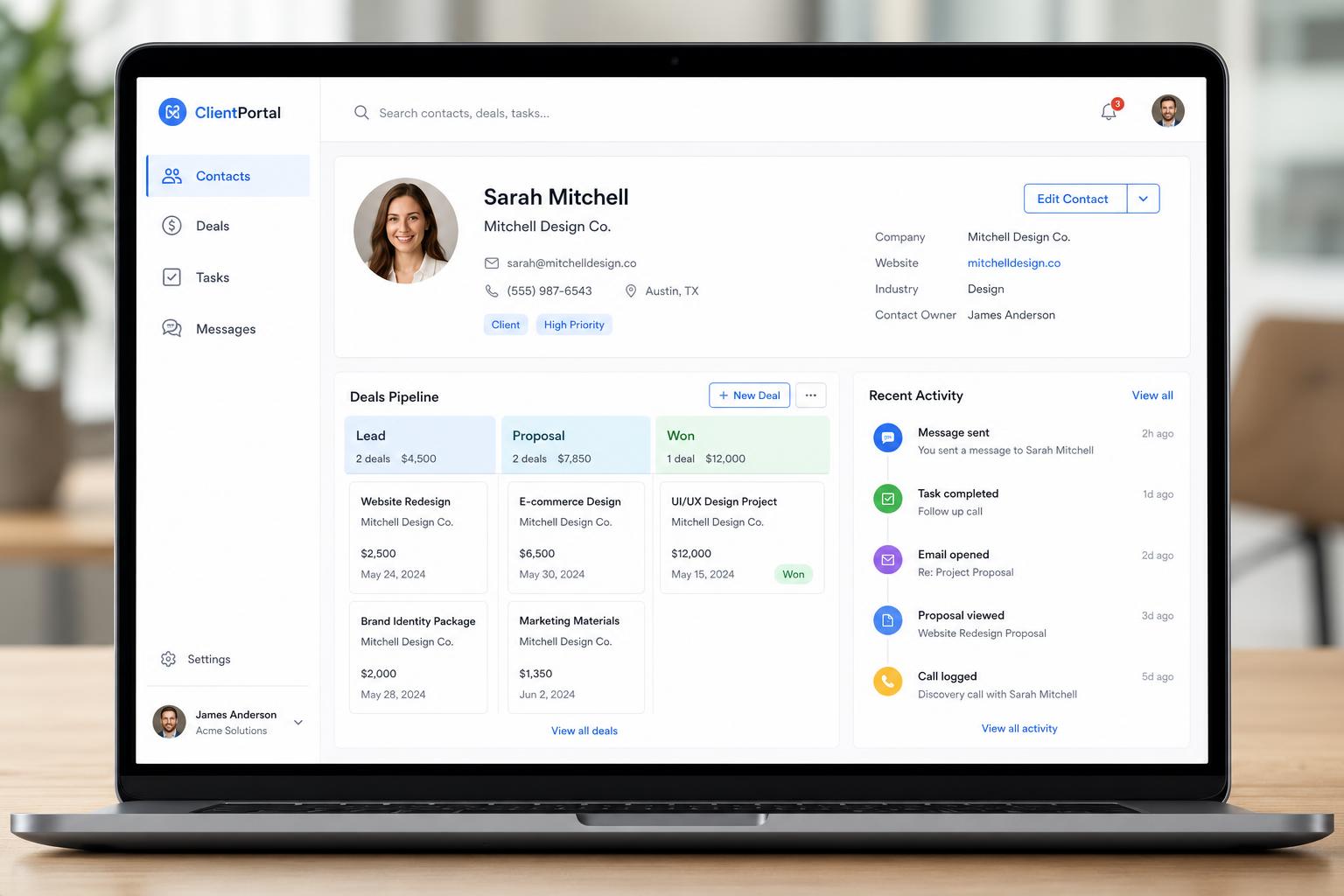 Mockup of a lightweight CRM and client portal interface.