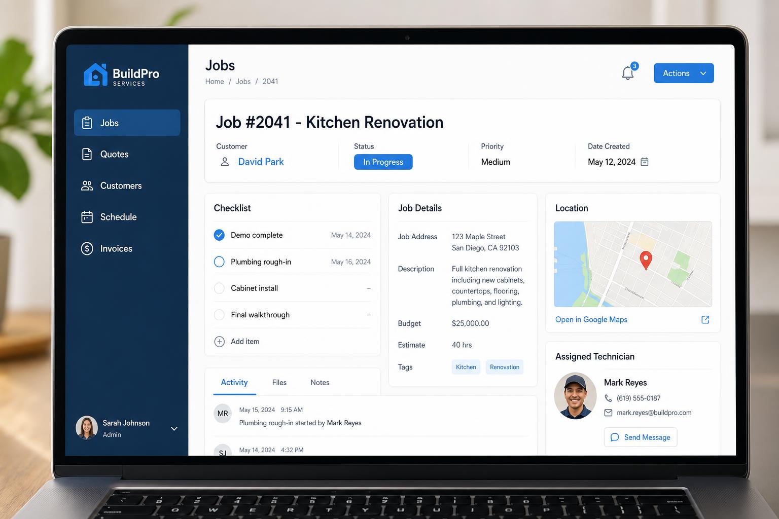 Mockup of a custom internal business app showing a job tracker with checklist, customer details, and assigned technician.