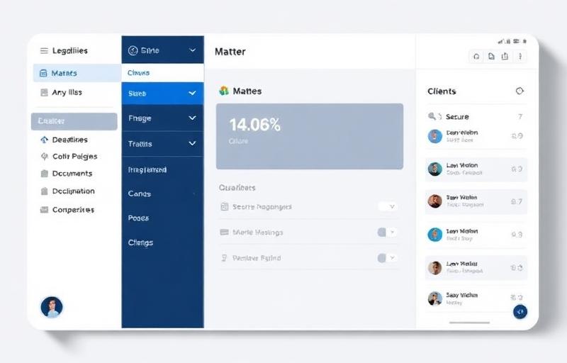 Mockup of a law firm matter management app with deadlines, documents, and secure client messaging.