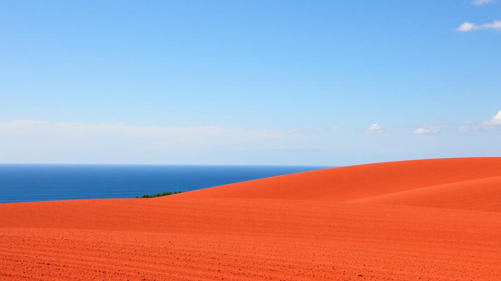 Rolling Prince Edward Island red soil potato fields meeting a narrow strip of blue ocean on the horizon under a summer afternoon sky.