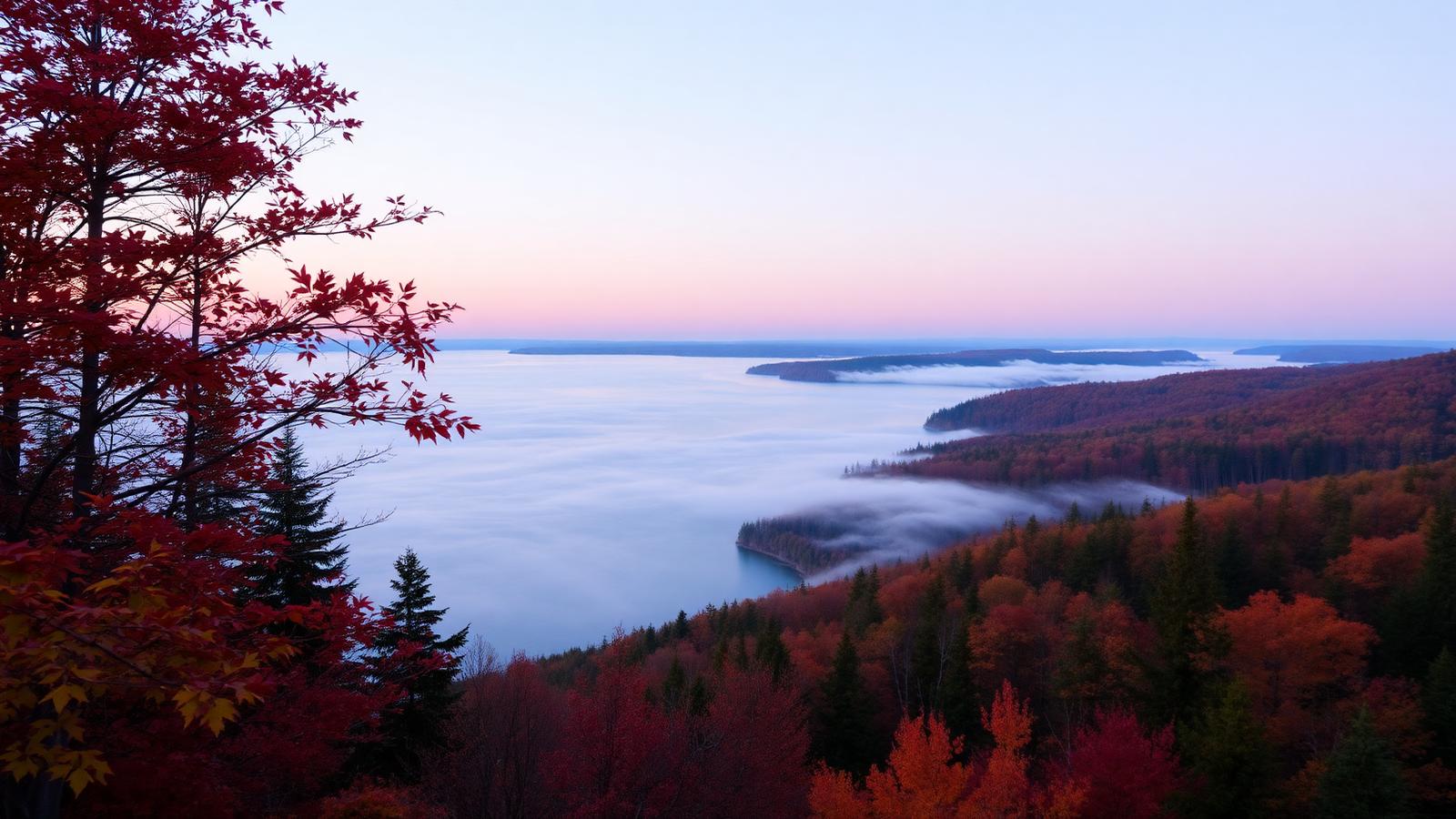 View of the St Lawrence River at twilight from a forested Quebec bluff with autumn maple foliage in warm reds and oranges.