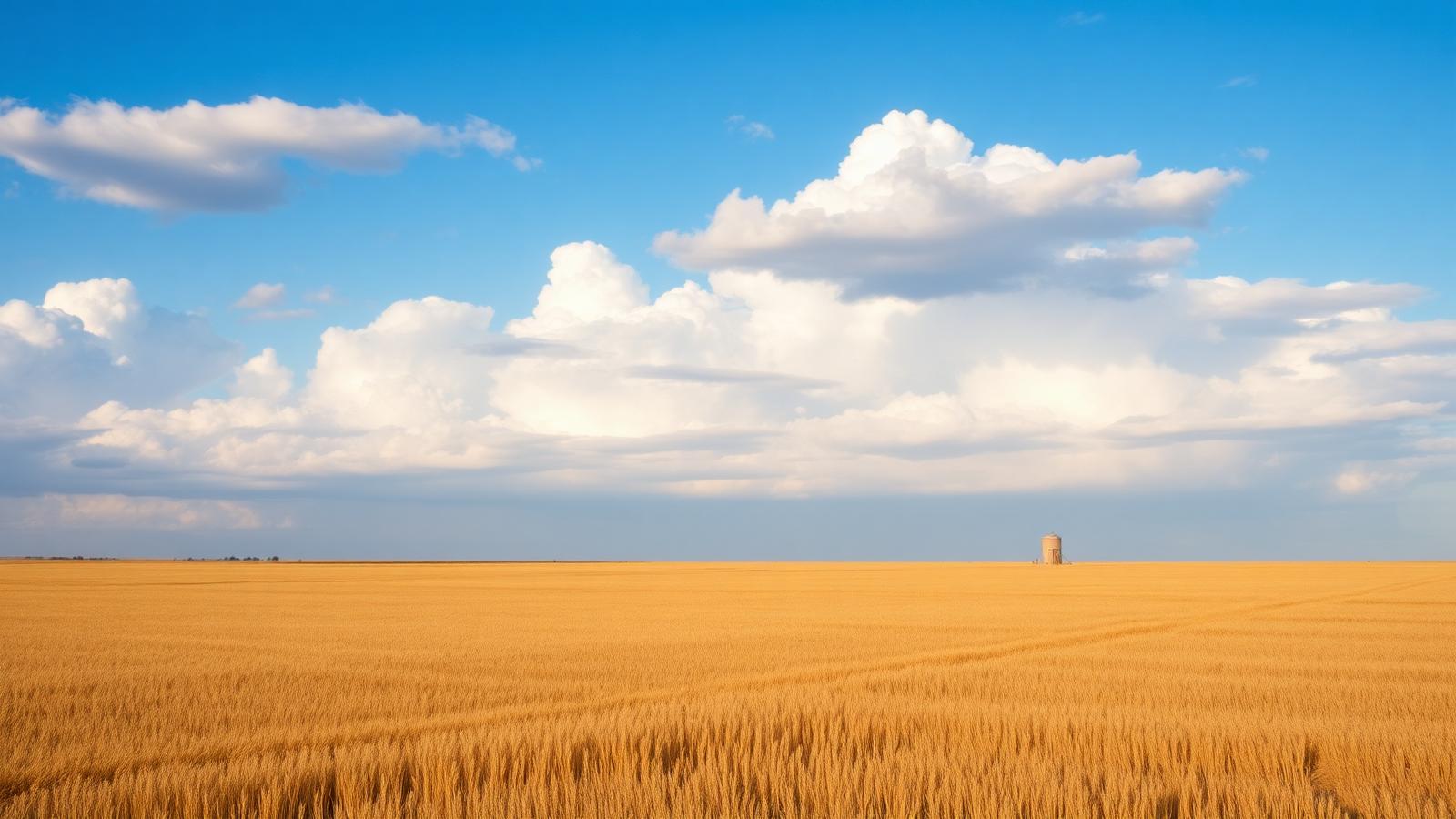 Saskatchewan prairie under a wide blue sky with golden wheat fields and a distant grain elevator.