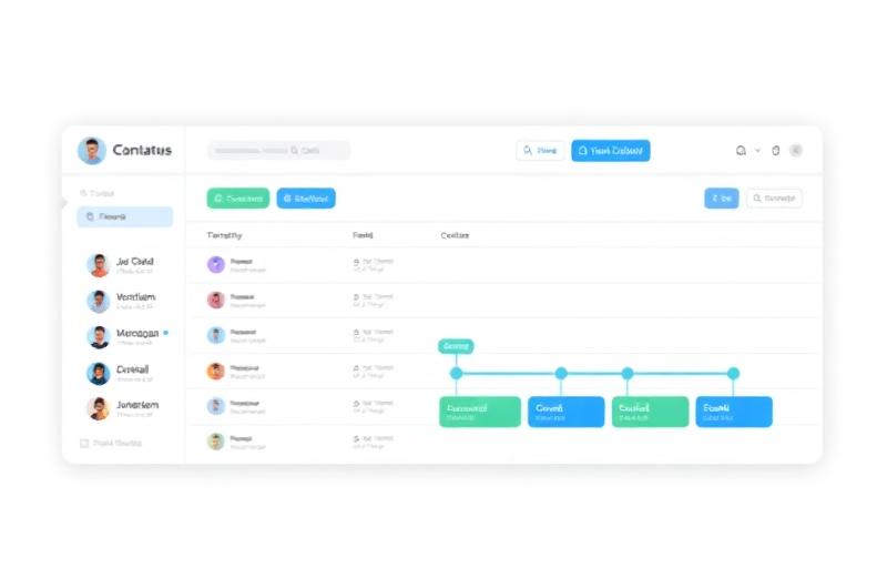 Mockup of a simple CRM with contact list and a lead-to-booked pipeline.