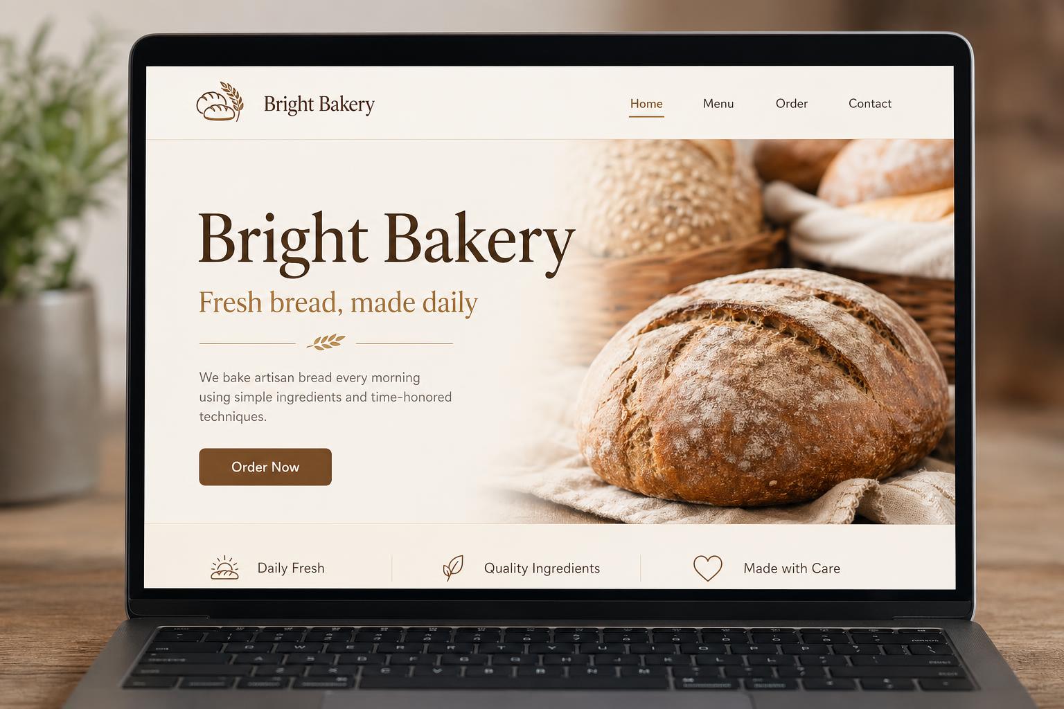 Mockup of a clean small-business website homepage on desktop.